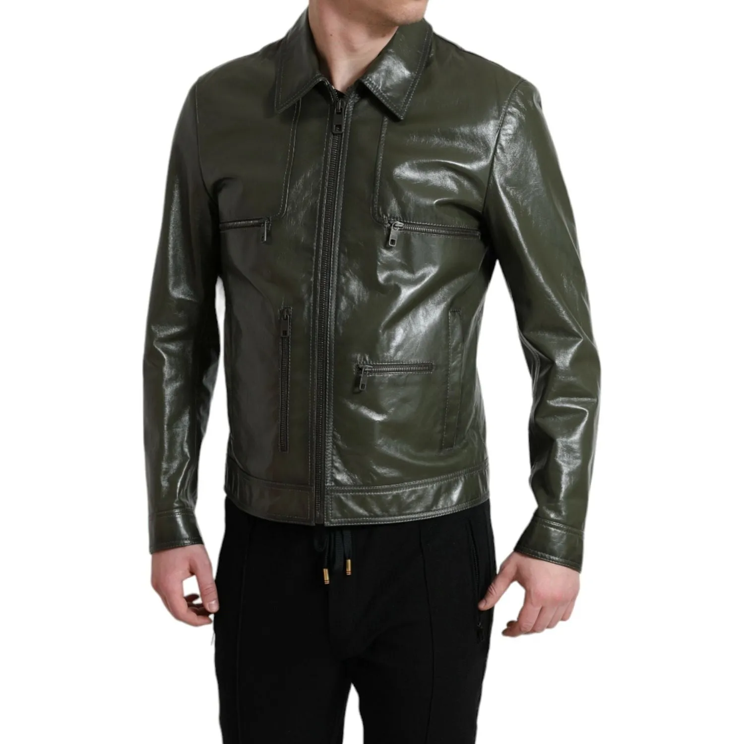 Dolce & Gabbana Emerald Elegance Leather Biker Jacket