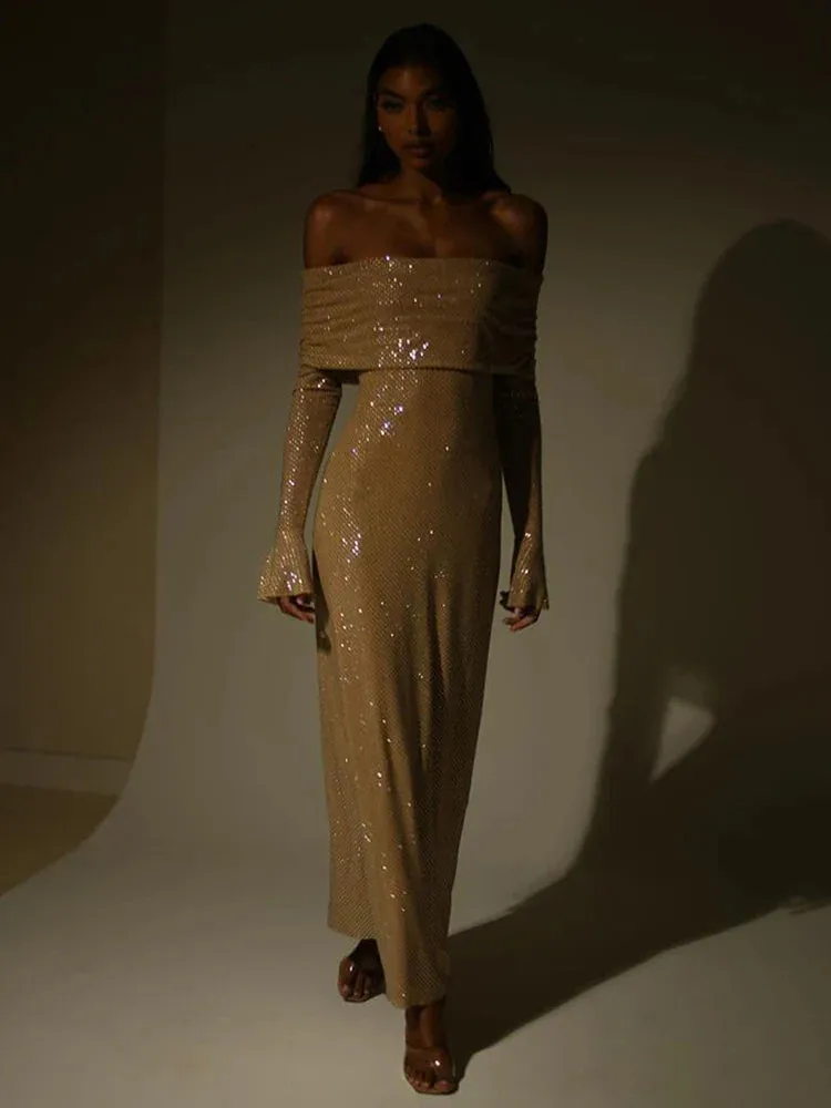 Elegant Off Shoulder Long Sparkle Nightclub Sexy Autumn Winter Maxi Dress