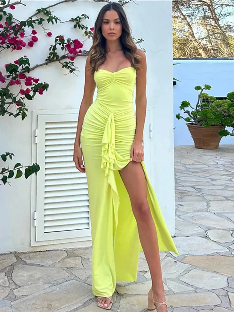 Elegant Pleated Long Strapless Backless Nightclub Sexy Summer Maxi Dress