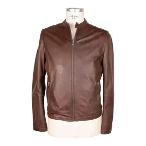 Emilio Romanelli Elegant Brown Leather Jacket with Snap Collar