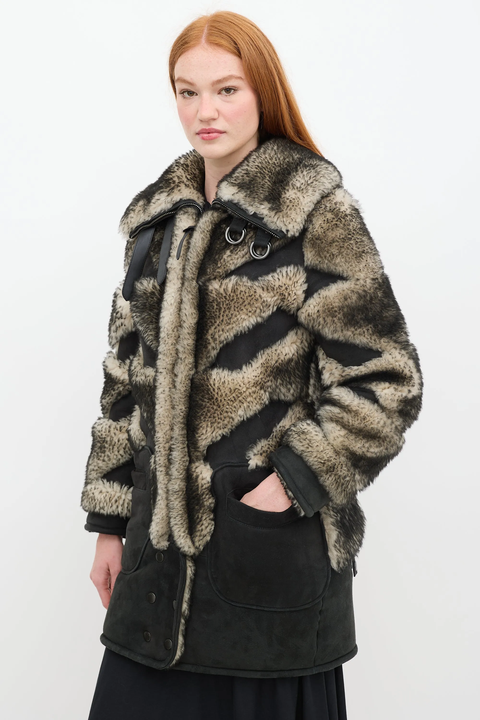 Fall 2015 Black & Grey Shearling Pieced Coat