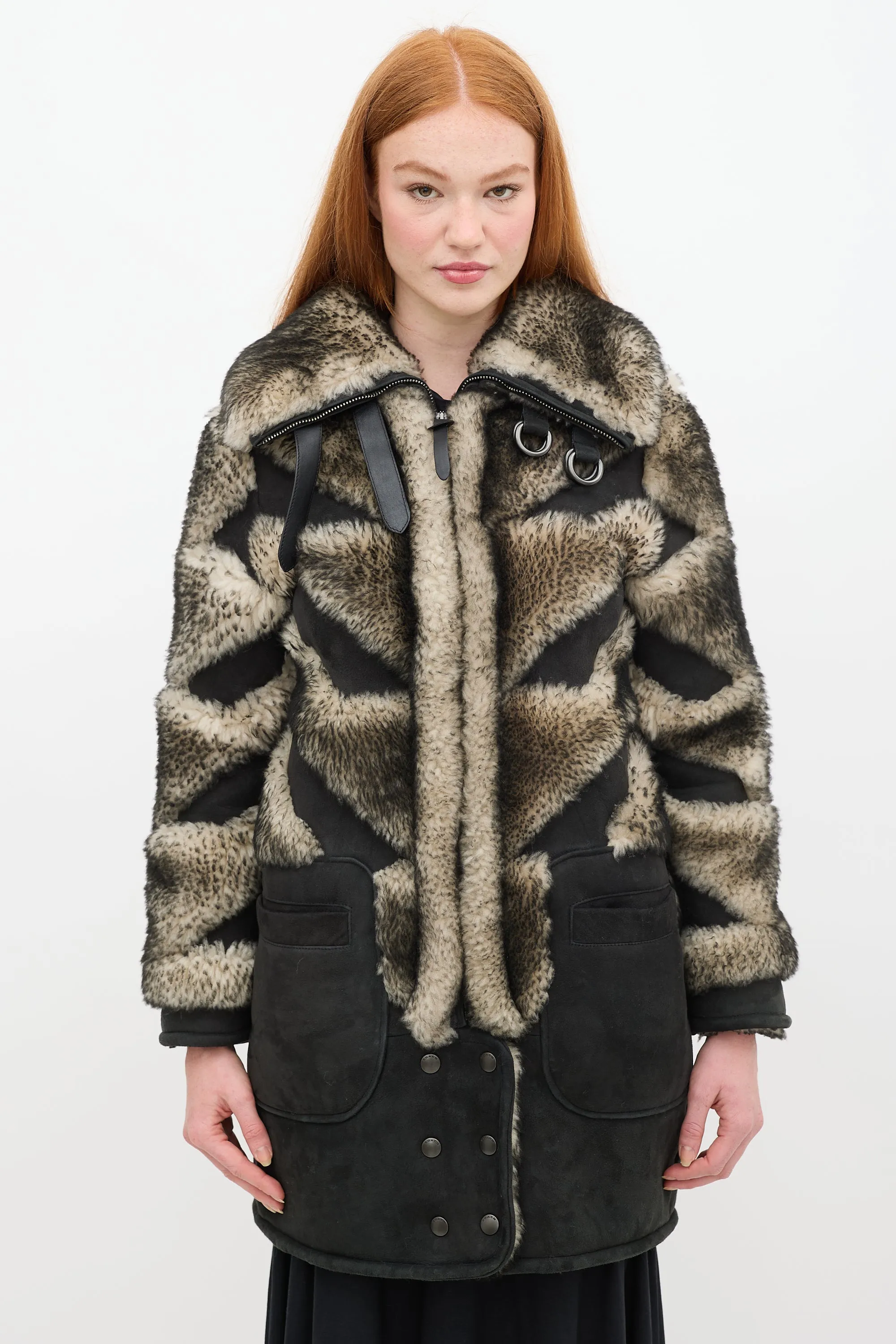 Fall 2015 Black & Grey Shearling Pieced Coat