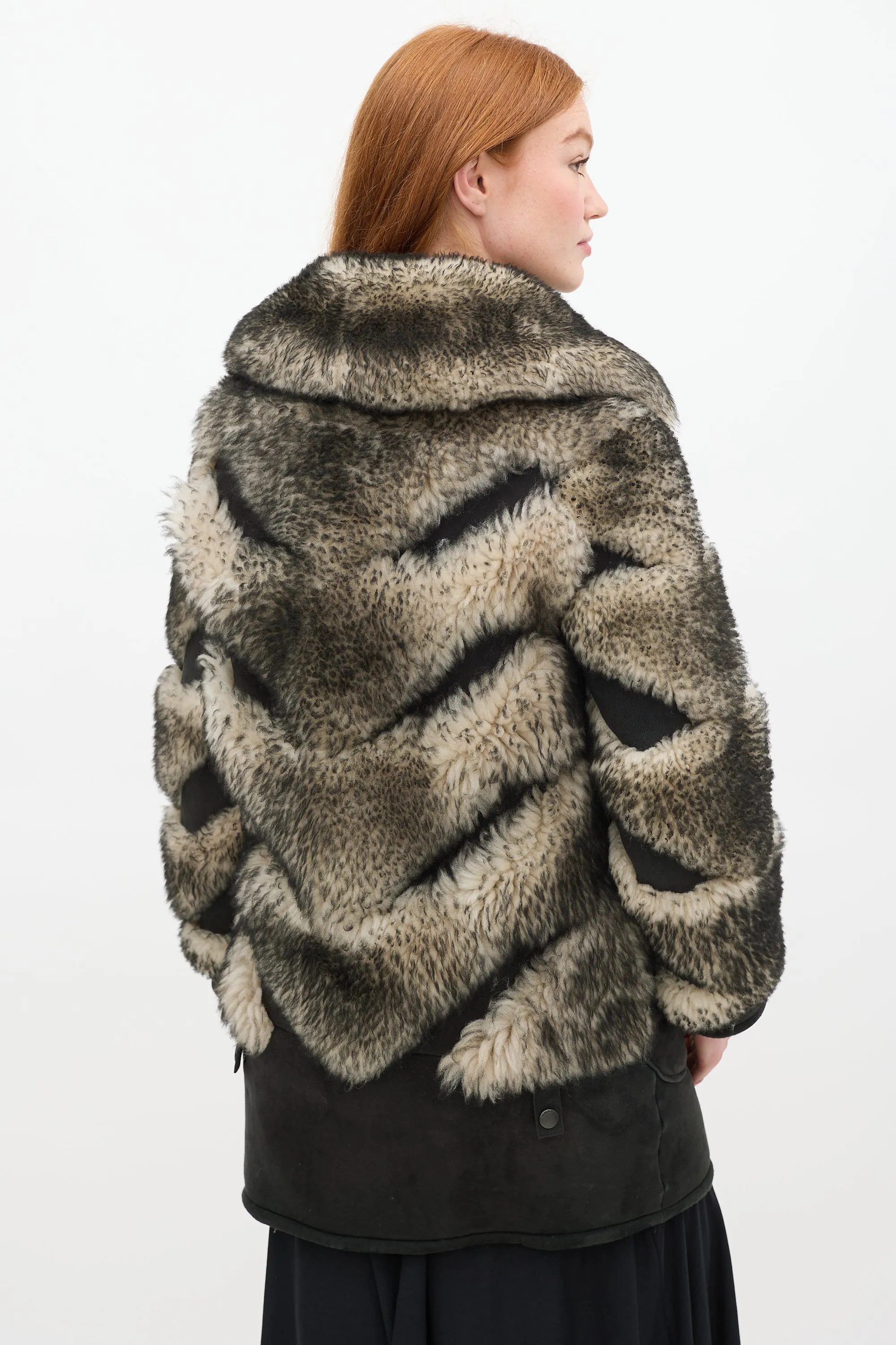 Fall 2015 Black & Grey Shearling Pieced Coat