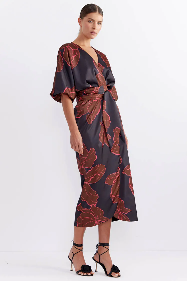 Farah Wrap Midi Dress in Dark Floral