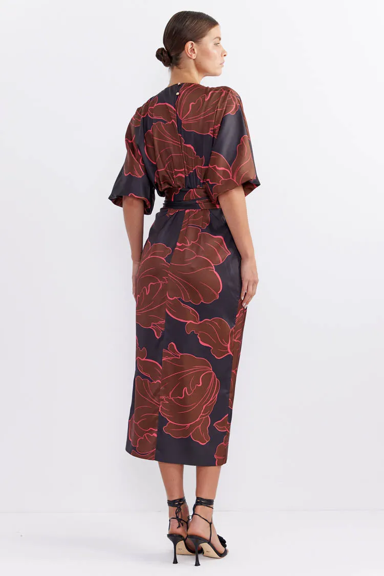 Farah Wrap Midi Dress in Dark Floral