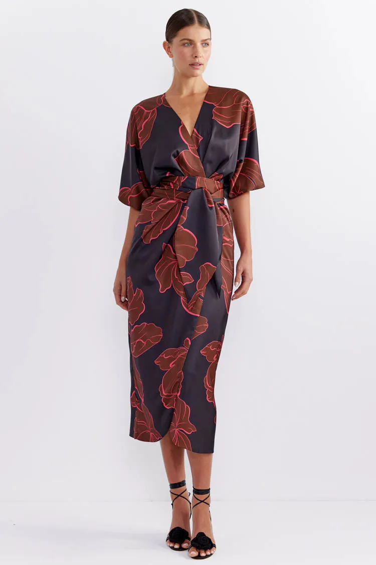 Farah Wrap Midi Dress in Dark Floral