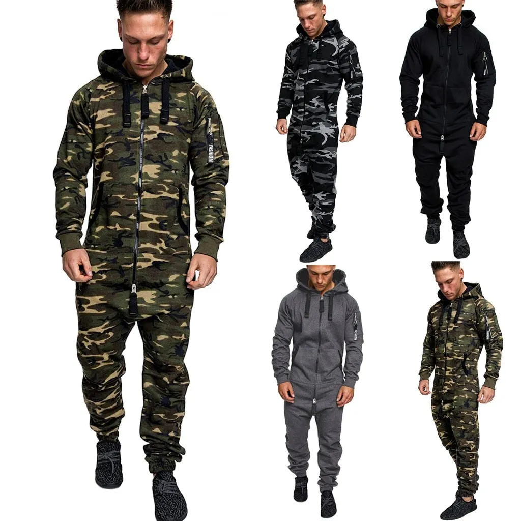 Fashion Men's Hooded Fleece Camouflage Jumpsuit