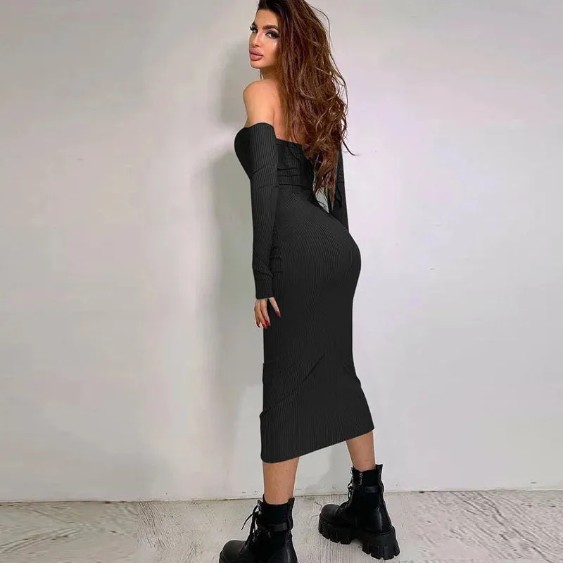 Fashionable Sexy Slim Fit Strapless Long Sleeve Maxi New Dress