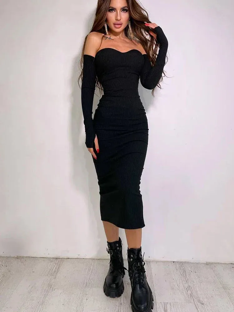 Fashionable Sexy Slim Fit Strapless Long Sleeve Maxi New Dress