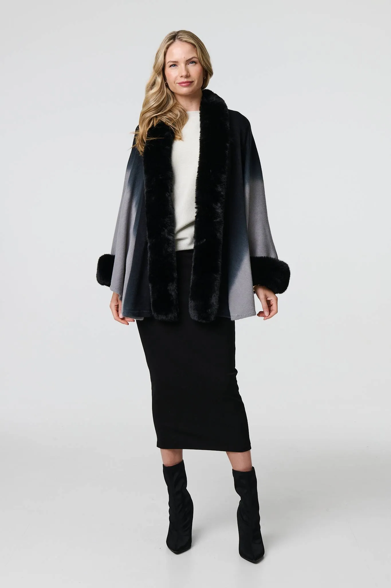 Faux Fur Trim Thigh Length Poncho