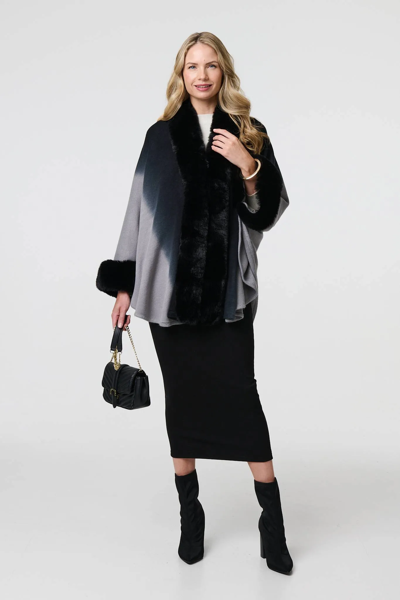 Faux Fur Trim Thigh Length Poncho