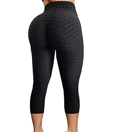 FITTOO Women's High Waist Textured Yoga Pants Tummy Control Scrunched Booty Capri Leggings Workout Running Butt Lift Textured Tights Black