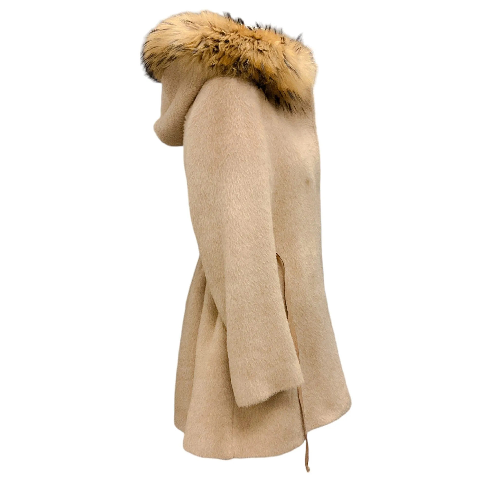 Fleurette Dark Beige Raccoon Fur Trimmed Hooded Wool and Alpaca Coat