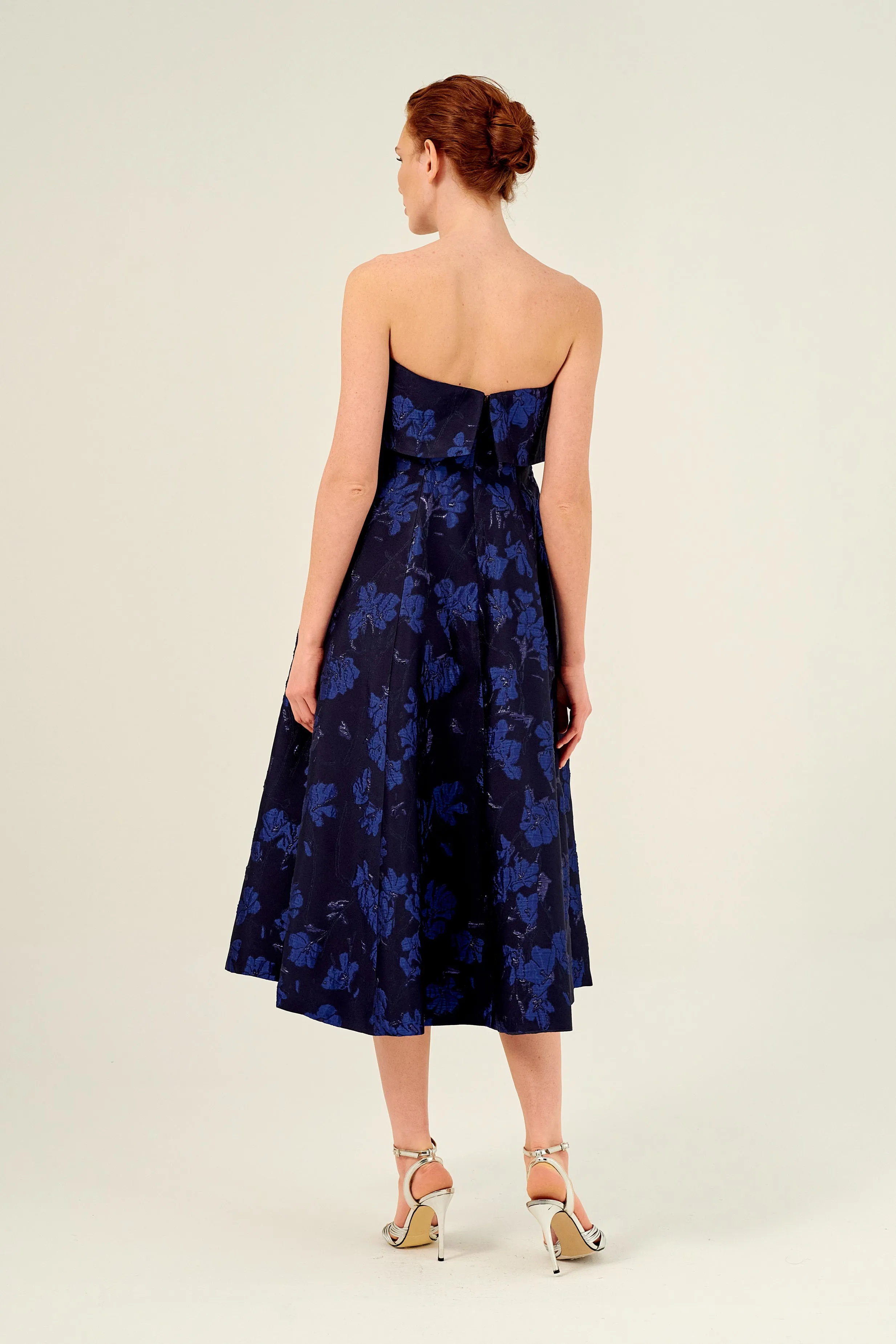 Fold Down Strapless Neck Floral-Printed Jacquard Midi Dress