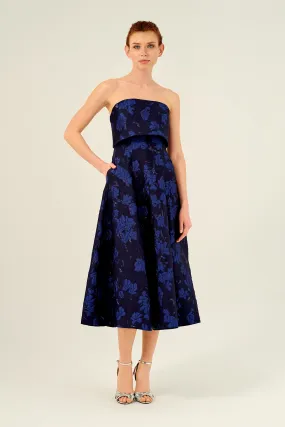 Fold Down Strapless Neck Floral-Printed Jacquard Midi Dress