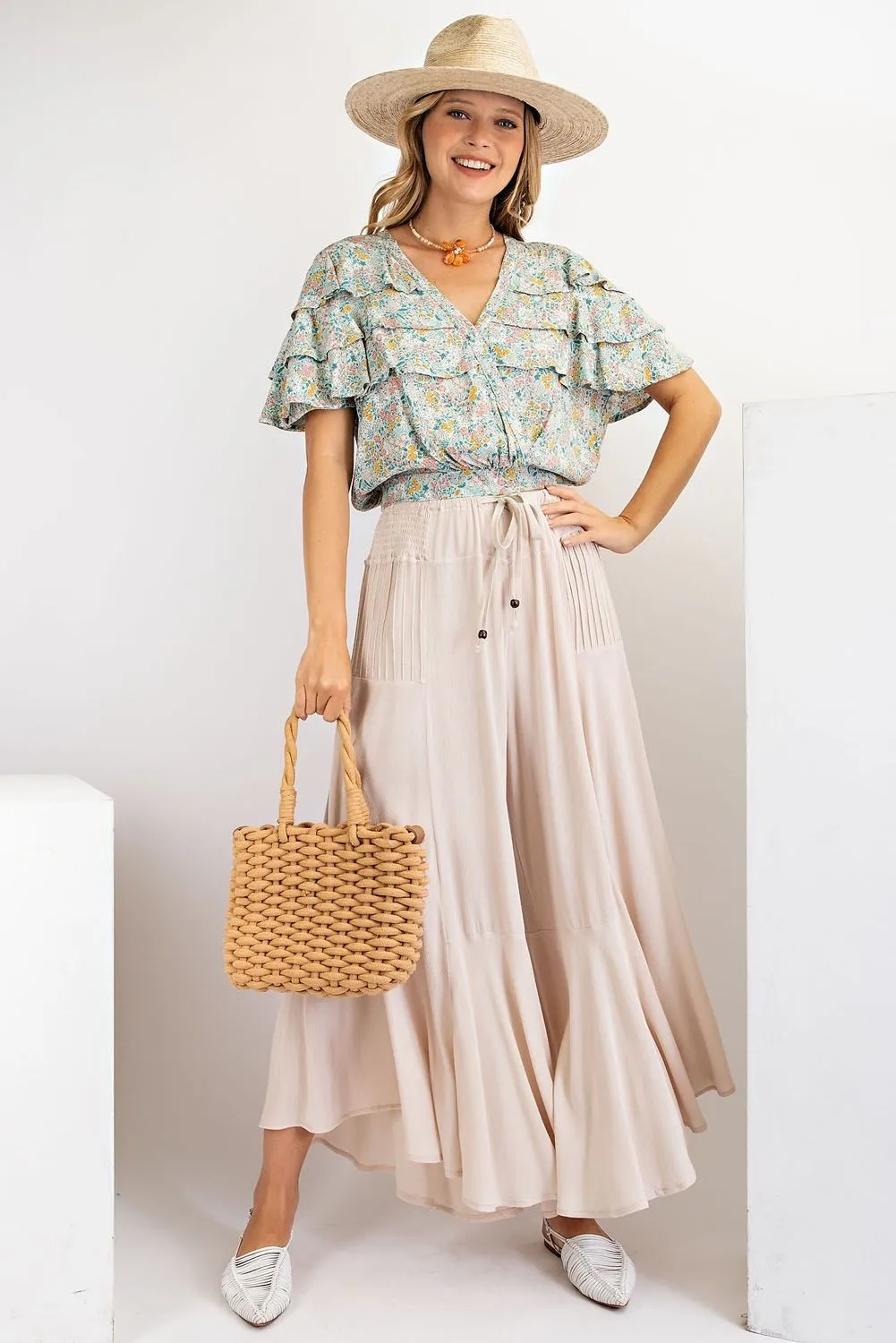 Fresh Air Rayon Gauze Ruffle Bottom Wide Leg Pants