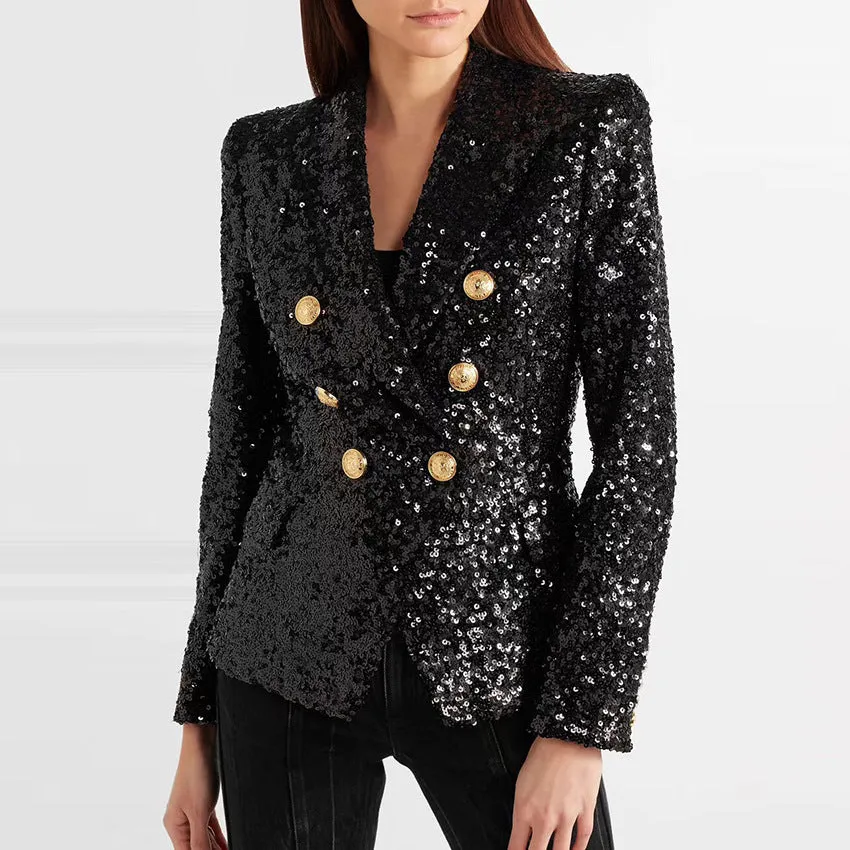 Gold Button Black Sequin Blazer