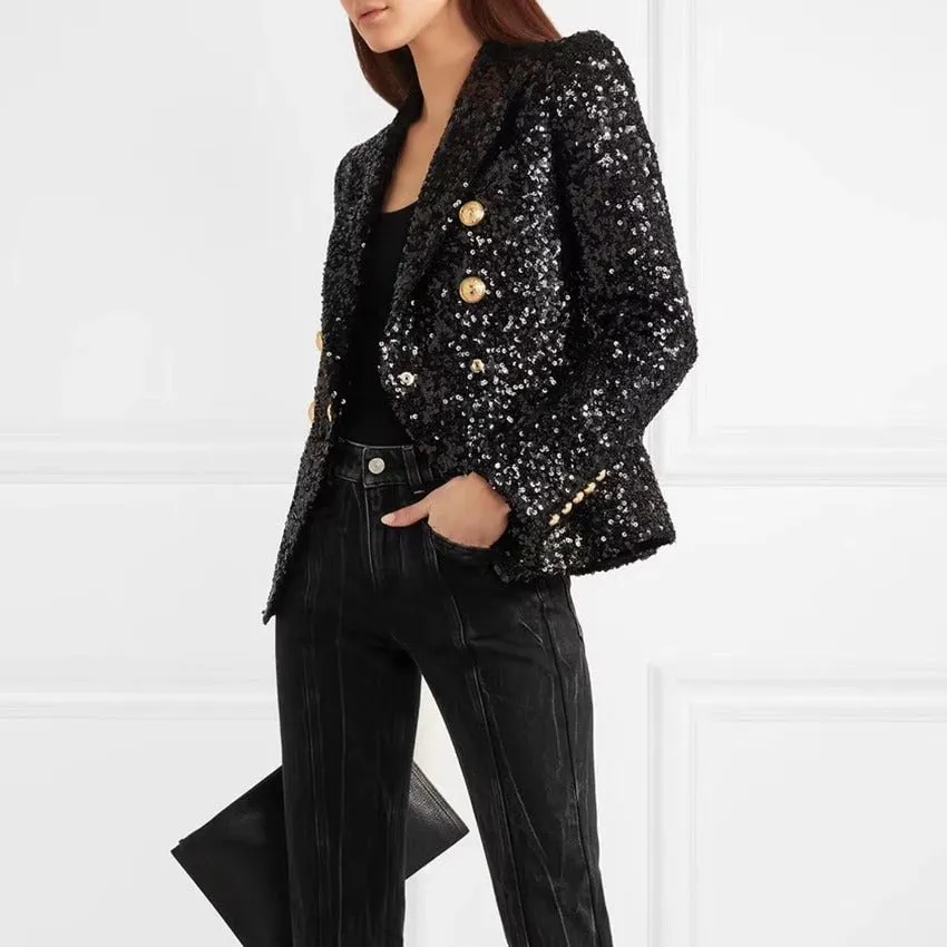 Gold Button Black Sequin Blazer