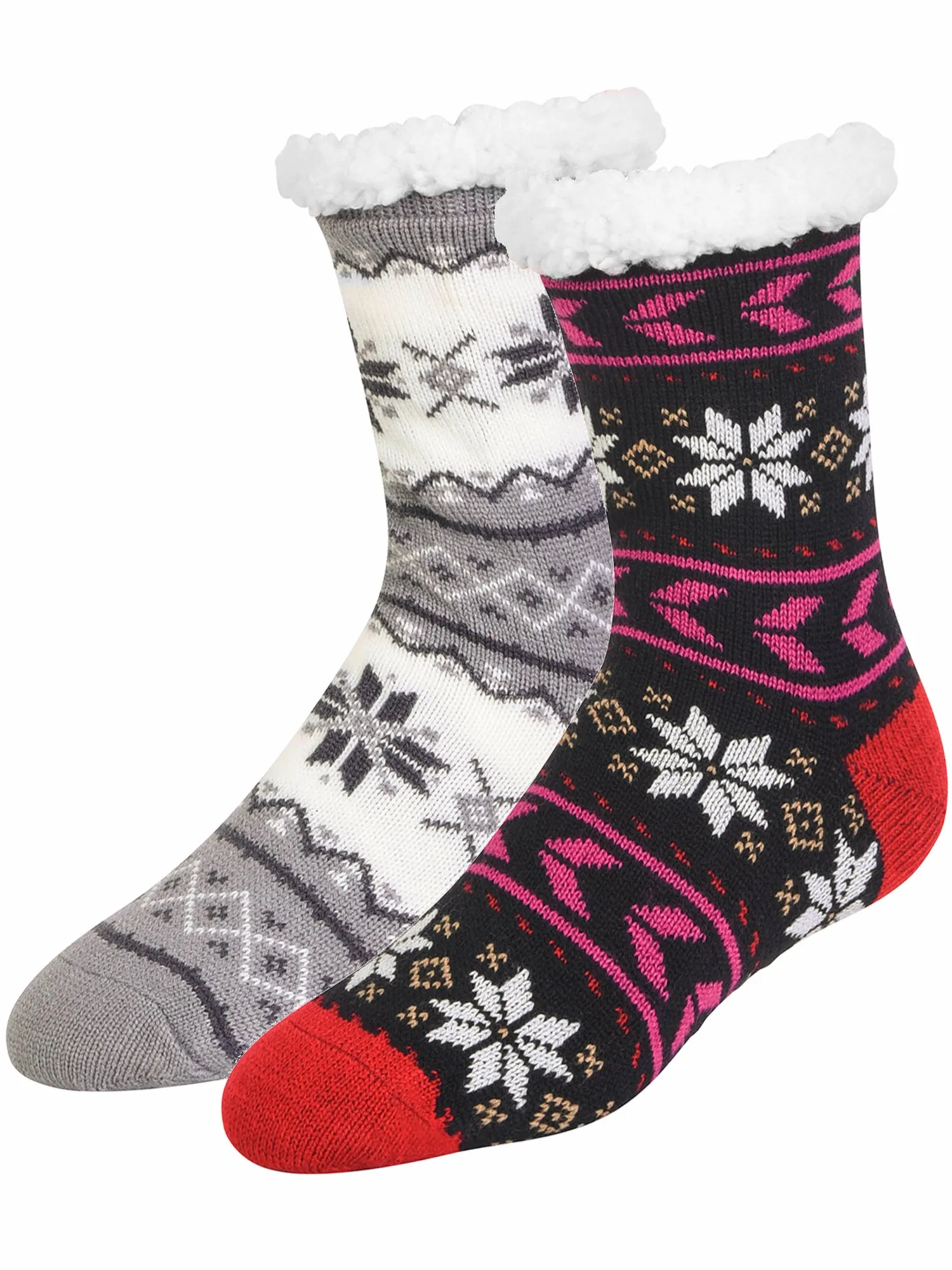 Gray & Red Snowflake Winter Thermal 2-Pack Thick Non-Skid Slipper Socks