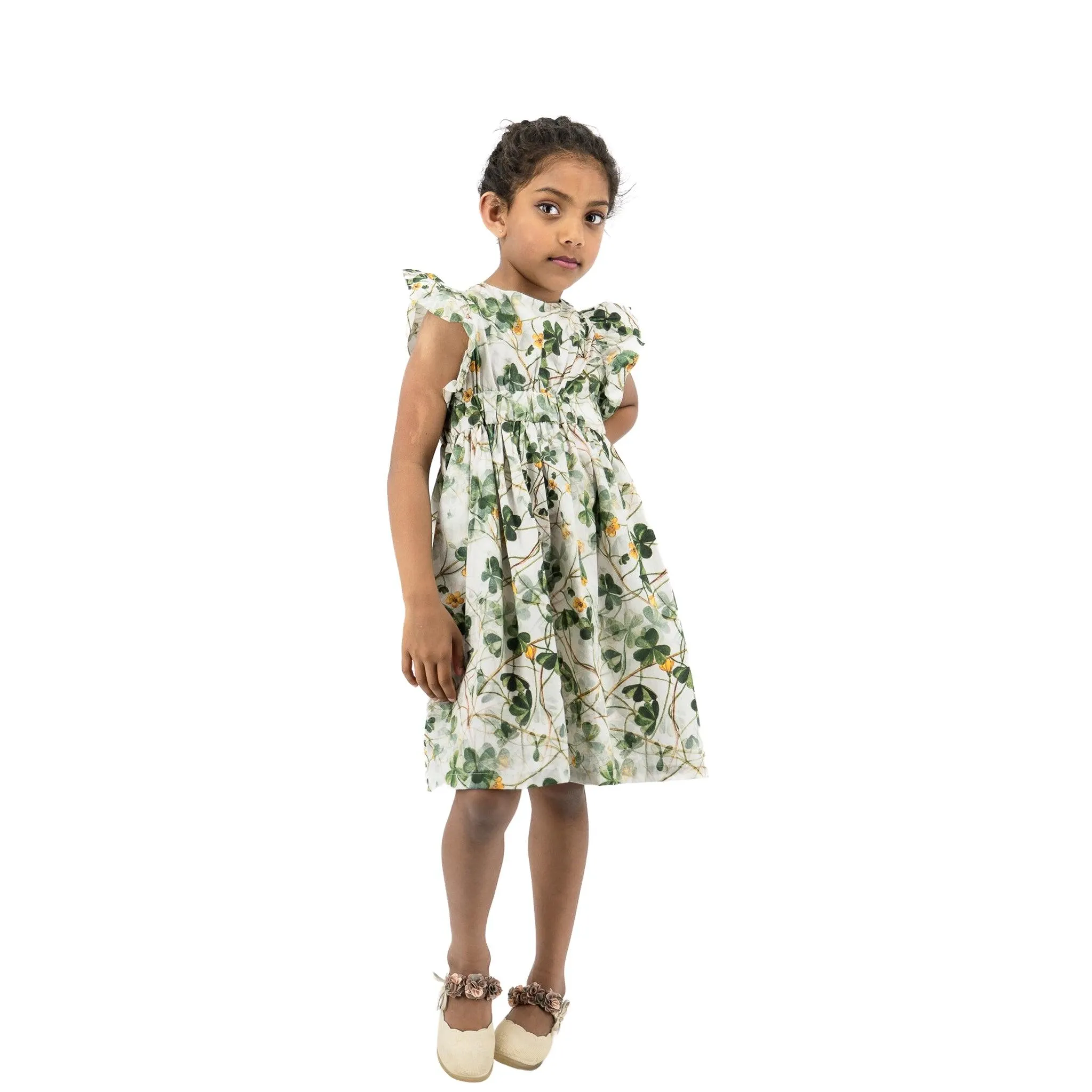 Green Floral Cotton Dress for Girls