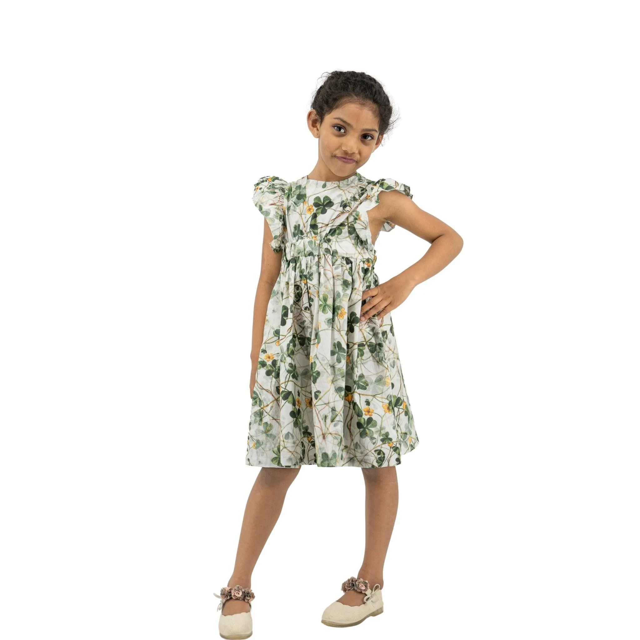 Green Floral Cotton Dress for Girls