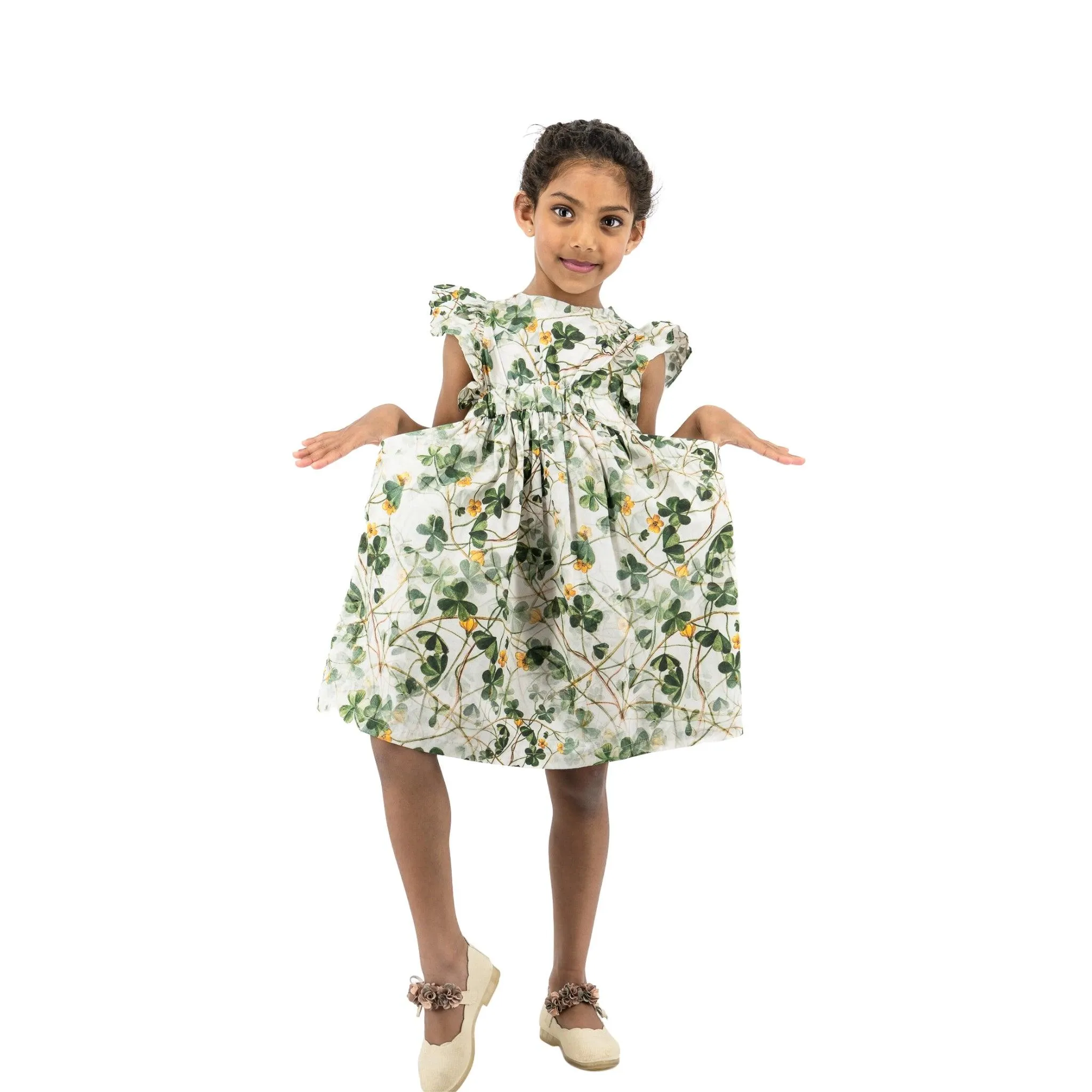 Green Floral Cotton Dress for Girls