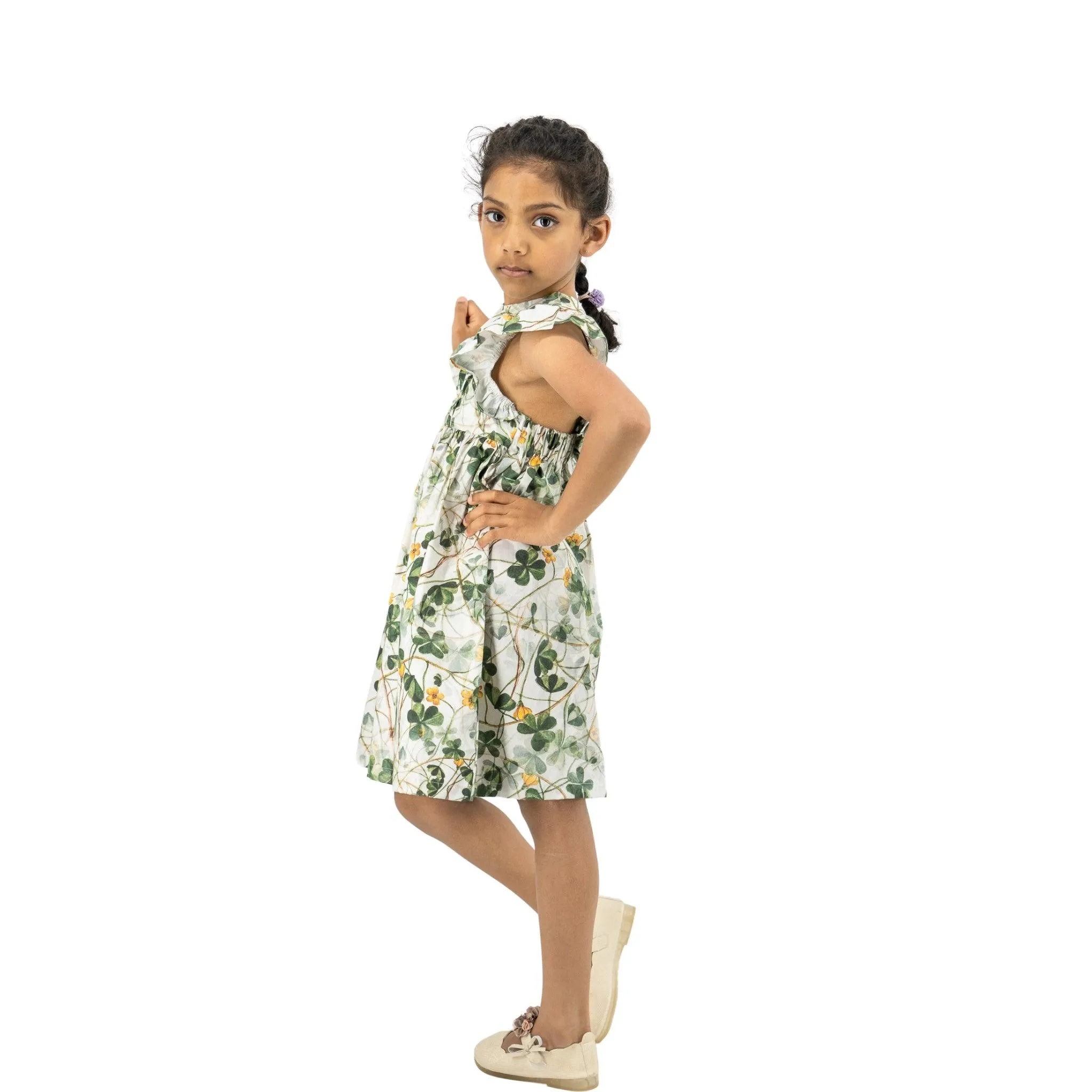 Green Floral Cotton Dress for Girls