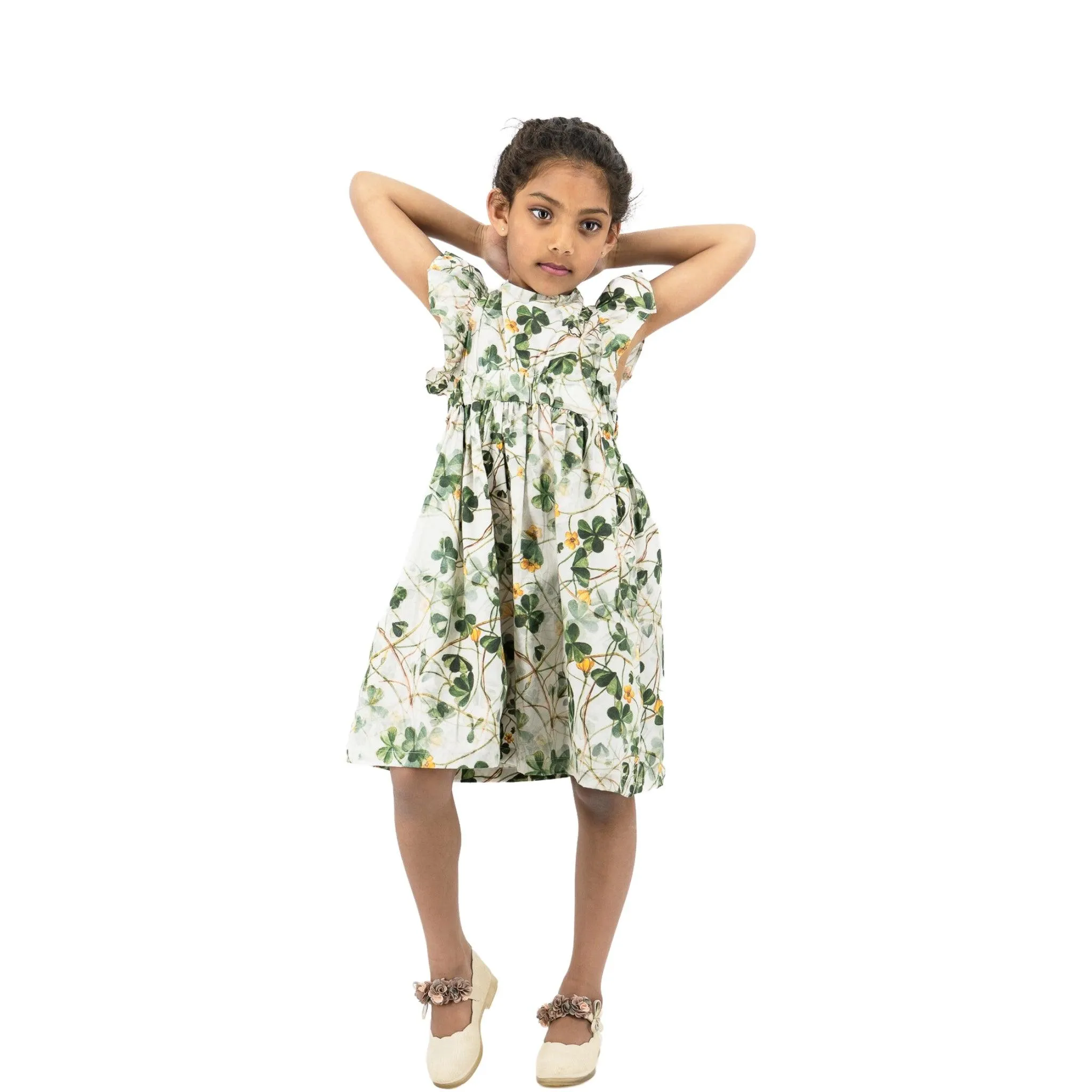 Green Floral Cotton Dress for Girls