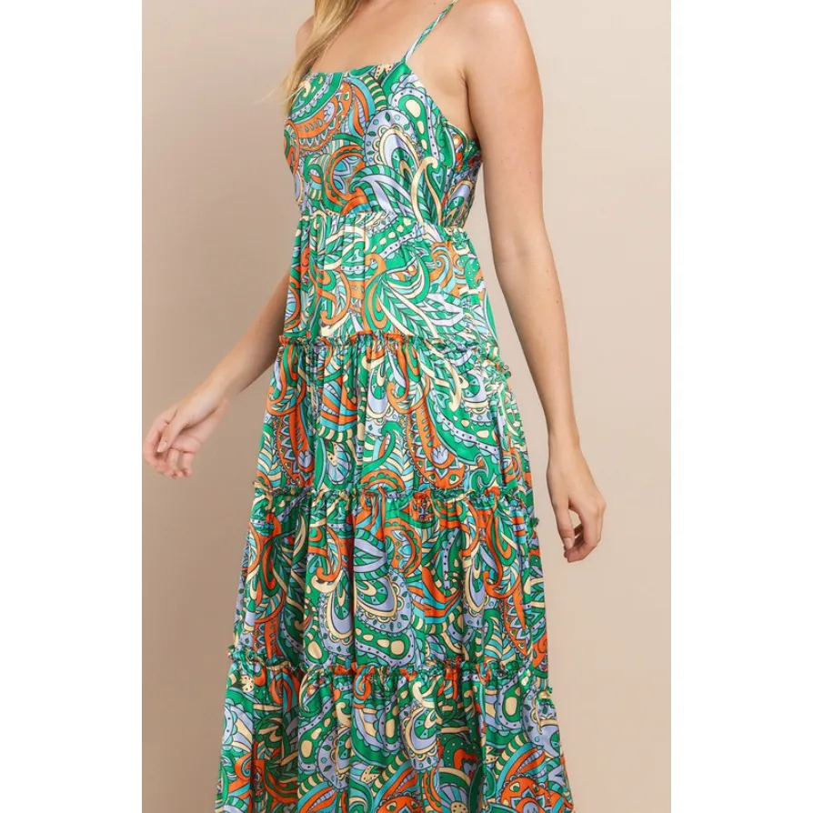 Green Paisley Spaghetti Strap Tiered Dress