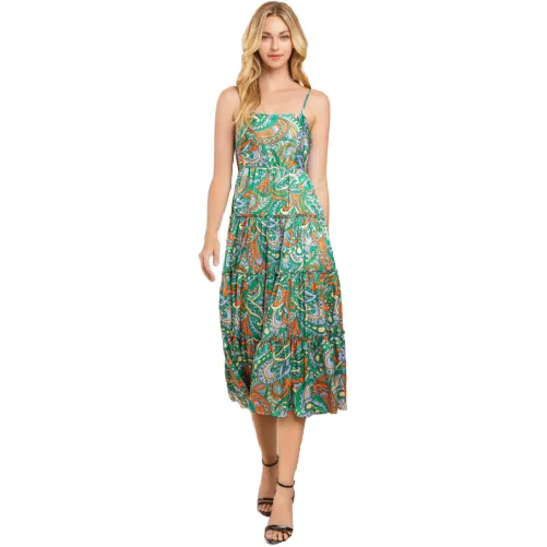 Green Paisley Spaghetti Strap Tiered Dress