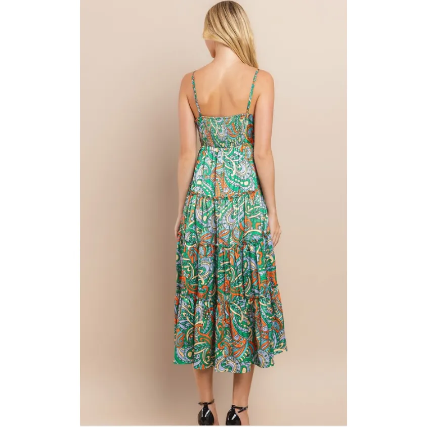 Green Paisley Spaghetti Strap Tiered Dress