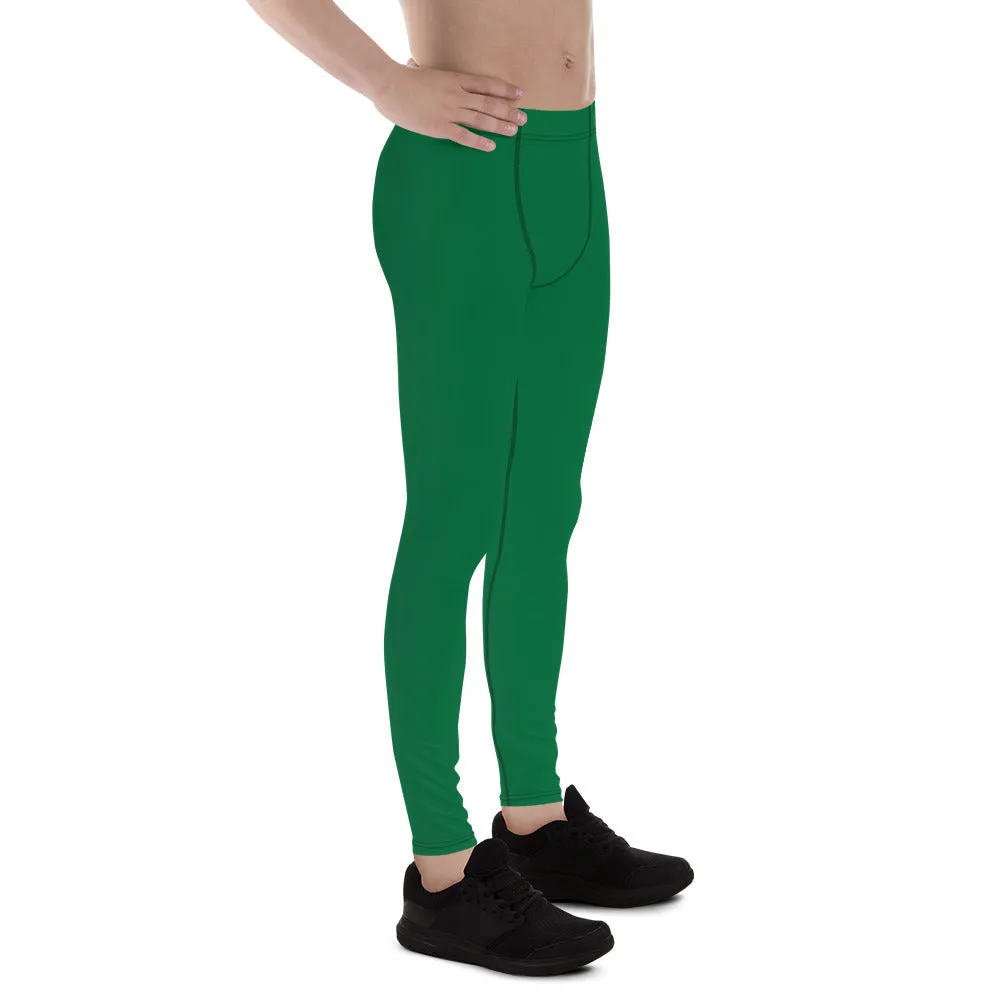 Green Solid Color Men's Leggings, Dark Green Solid Color Best Men's Running Sports Gym Tights