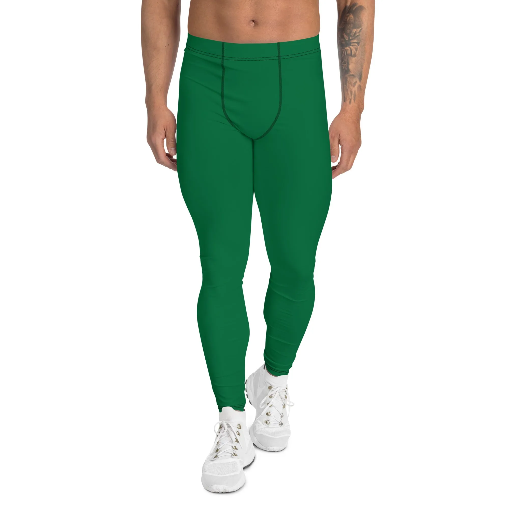 Green Solid Color Men's Leggings, Dark Green Solid Color Best Men's Running Sports Gym Tights