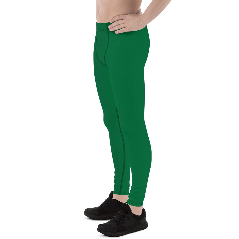 Green Solid Color Men's Leggings, Dark Green Solid Color Best Men's Running Sports Gym Tights