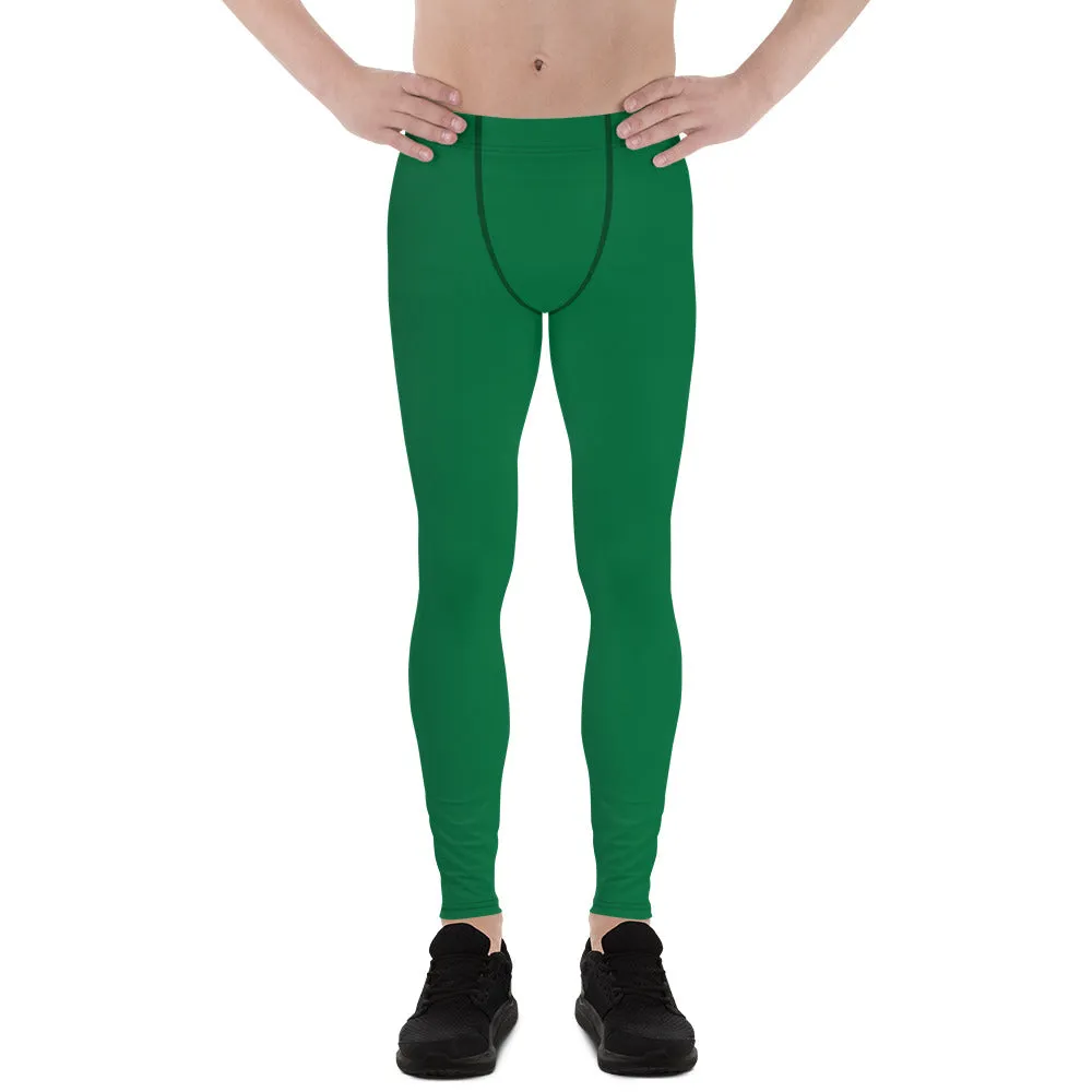 Green Solid Color Men's Leggings, Dark Green Solid Color Best Men's Running Sports Gym Tights