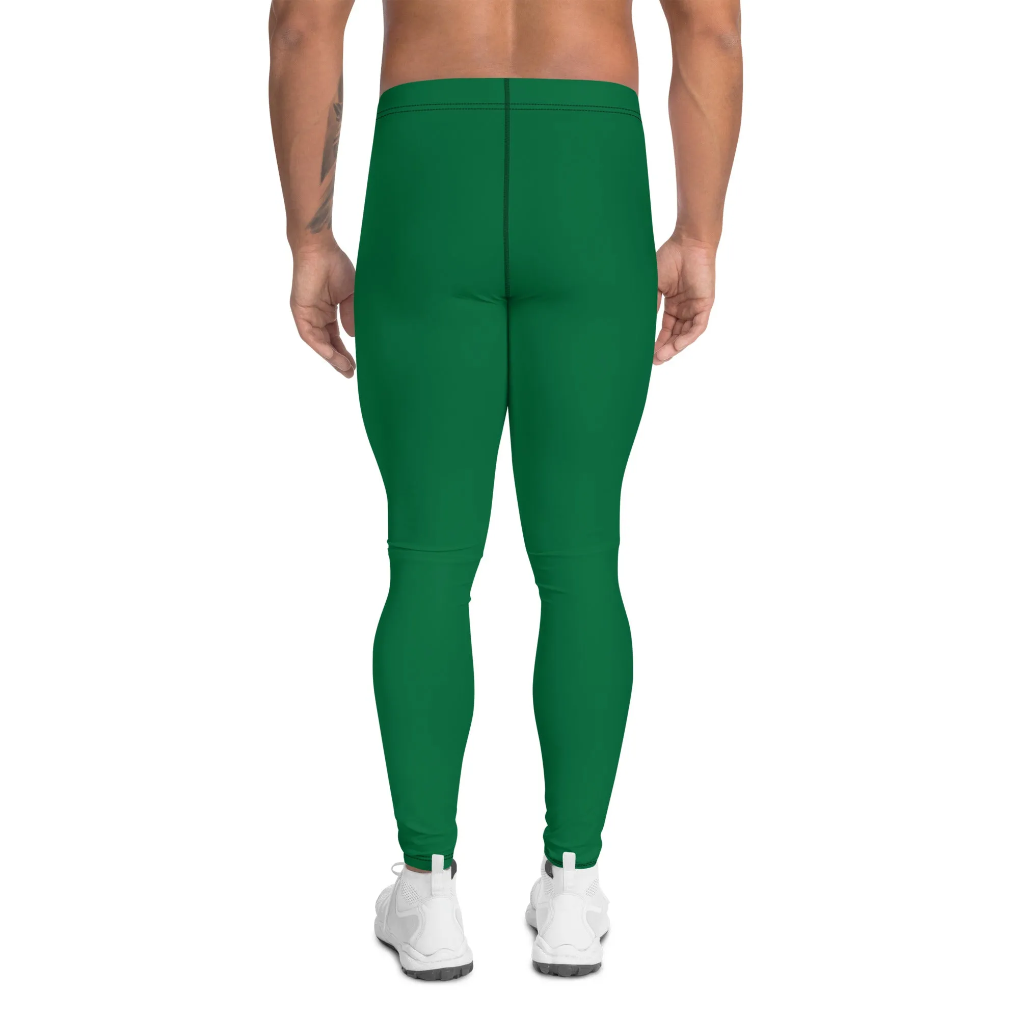 Green Solid Color Men's Leggings, Dark Green Solid Color Best Men's Running Sports Gym Tights