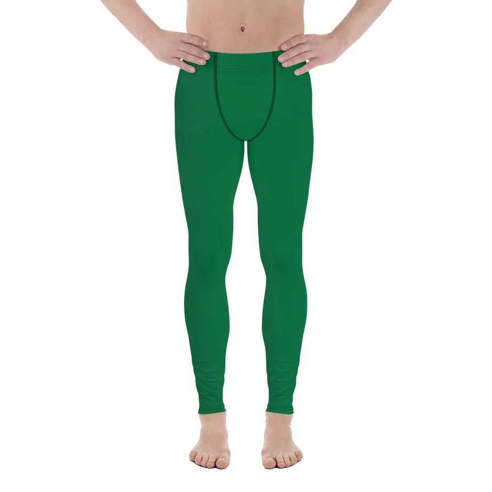 Green Solid Color Men's Leggings, Dark Green Solid Color Best Men's Running Sports Gym Tights