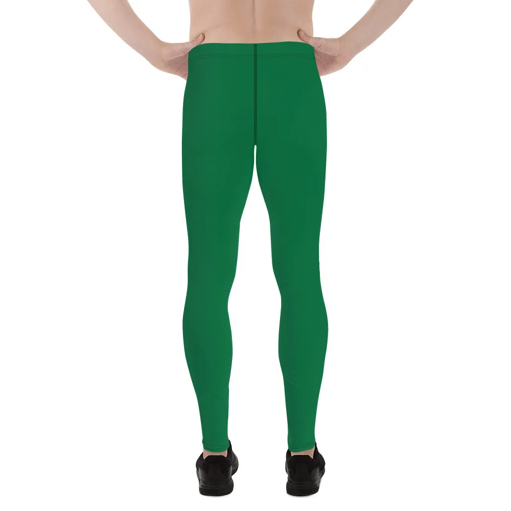 Green Solid Color Men's Leggings, Dark Green Solid Color Best Men's Running Sports Gym Tights