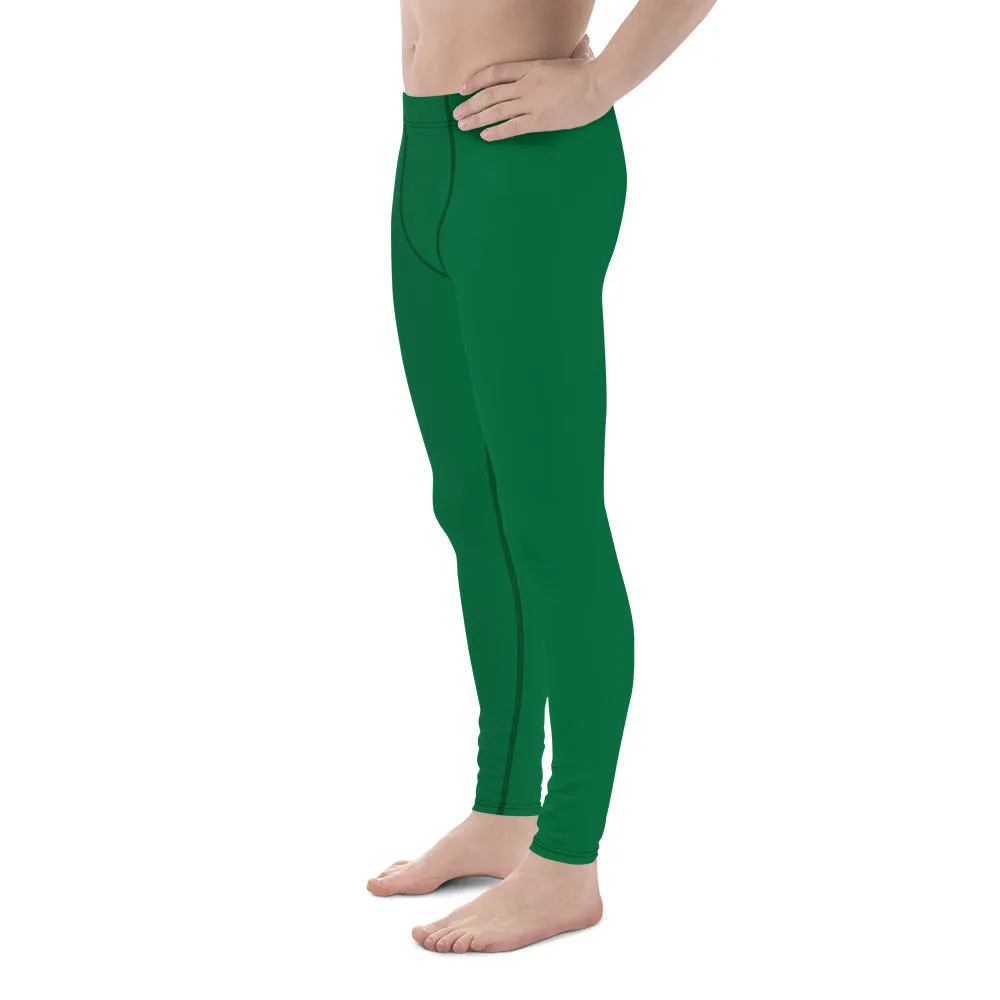 Green Solid Color Men's Leggings, Dark Green Solid Color Best Men's Running Sports Gym Tights