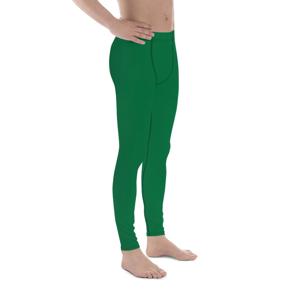 Green Solid Color Men's Leggings, Dark Green Solid Color Best Men's Running Sports Gym Tights