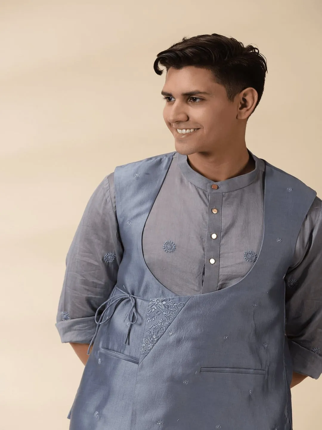 Grey Chanderi Men's Achkan Jacket & Kurta Set