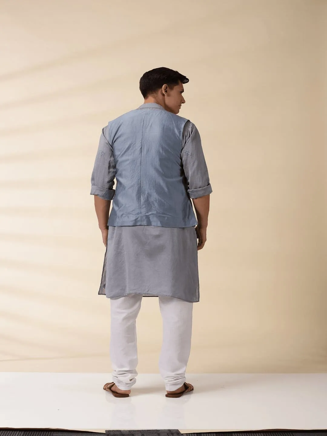 Grey Chanderi Men's Achkan Jacket & Kurta Set