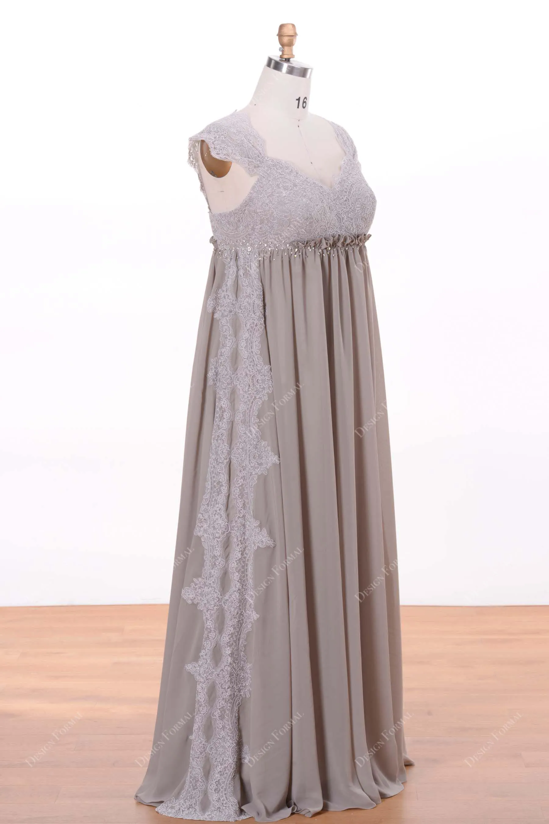 Grey Lace Empire Floor Length Elegant Maternity Formal Dress