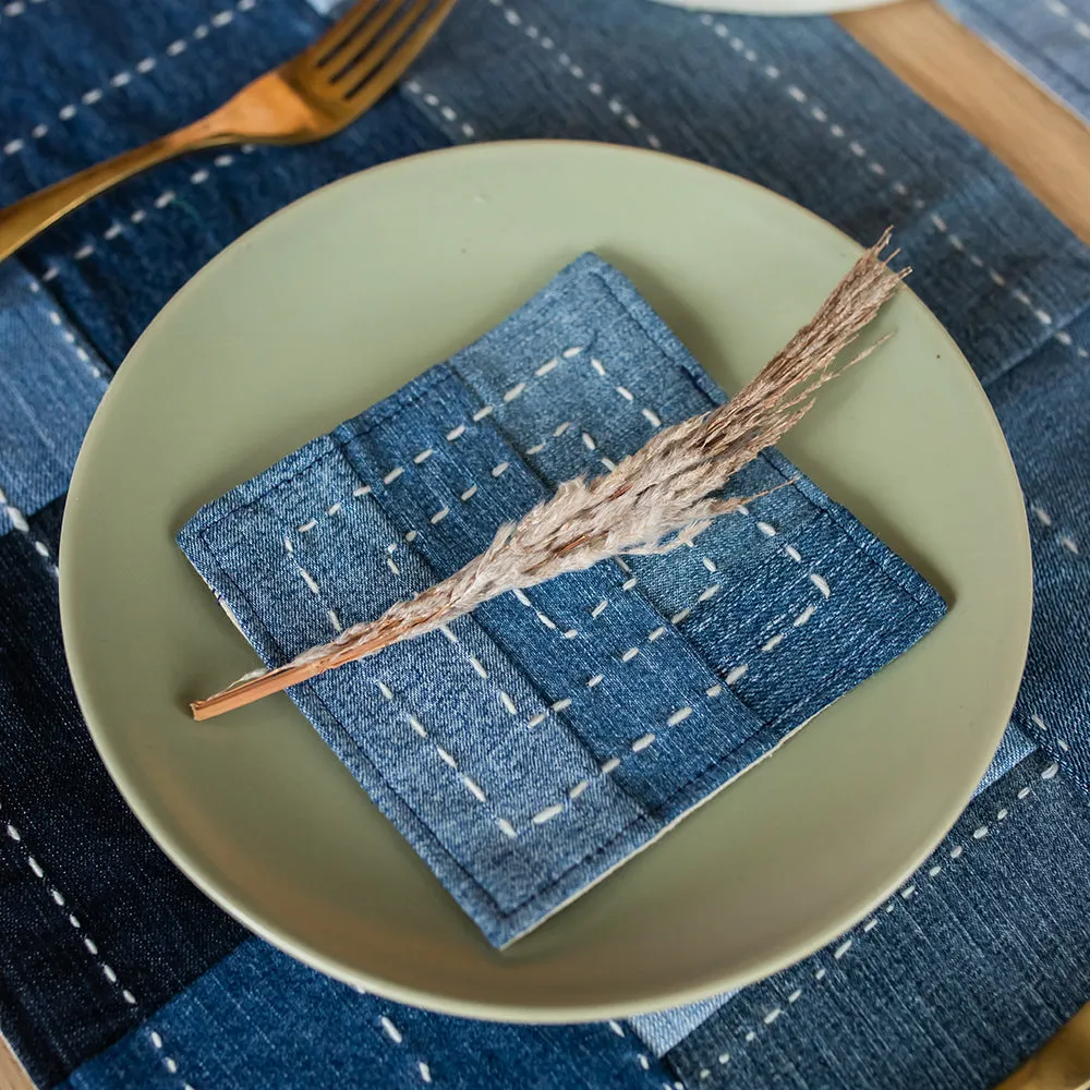 Hand Embroidered Upcycled Jeans Coasters (Set of 4) - Boxed