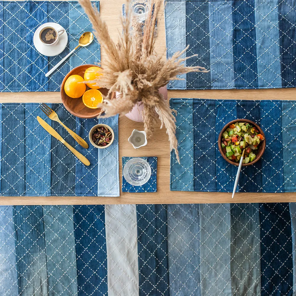 Hand Embroidered Upcycled Jeans Table Mats (Set of 4) - Criss Cross