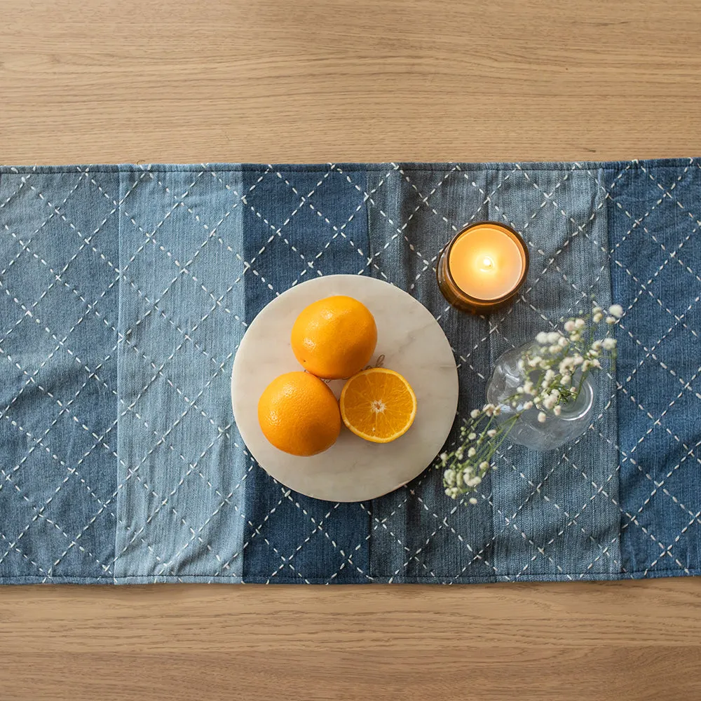 Hand Embroidered Upcycled Jeans Table Runner (Single) - Criss Cross