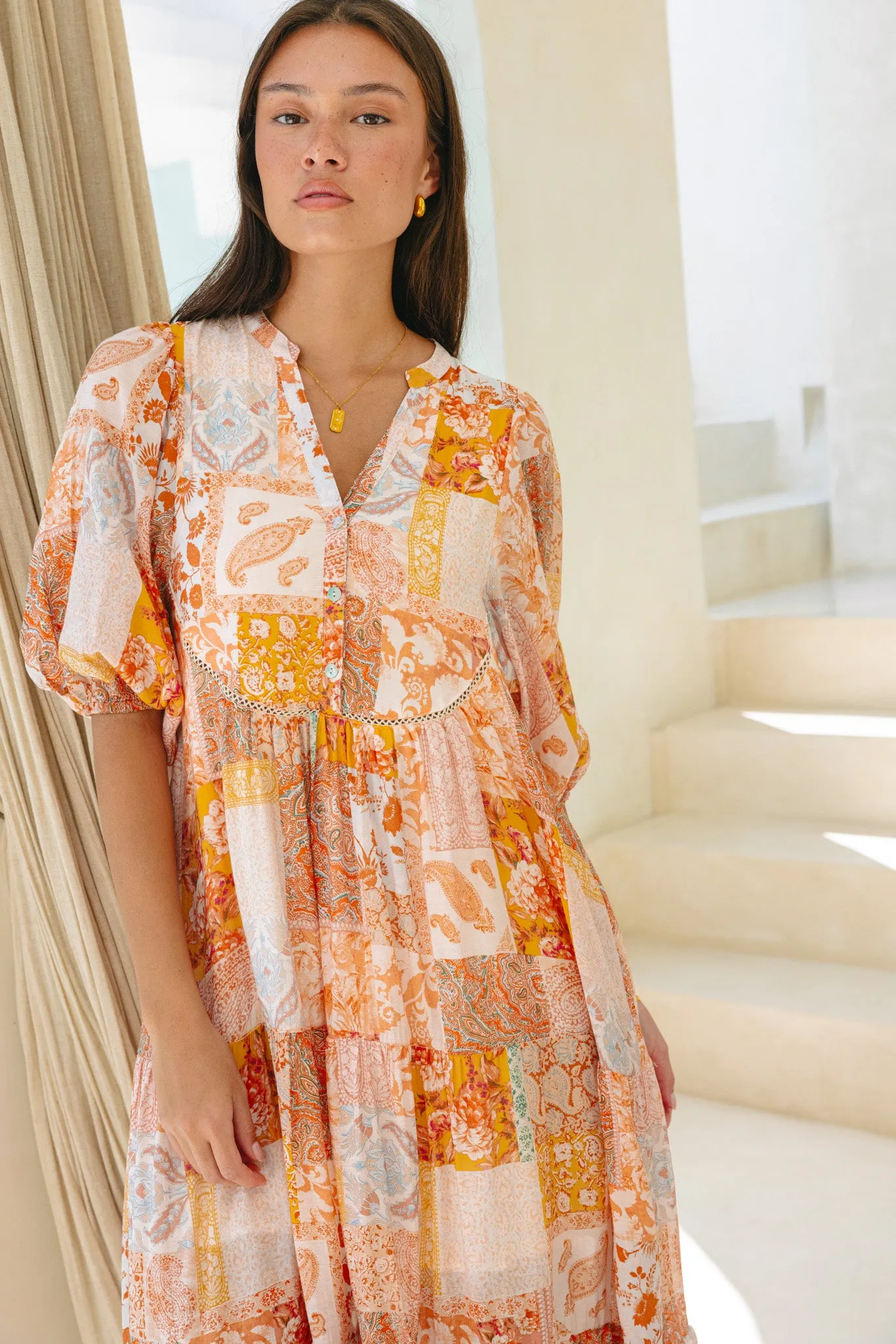 Hestia Orange Boho Button Midi Dress