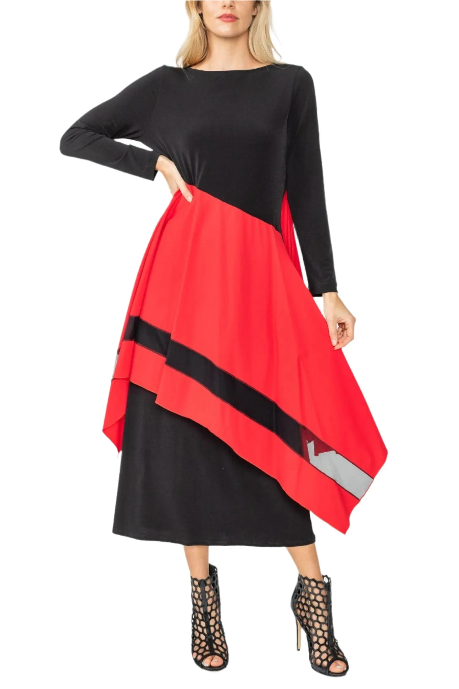 IC Collection Apron Midi Dress in Red - 5610D-RD