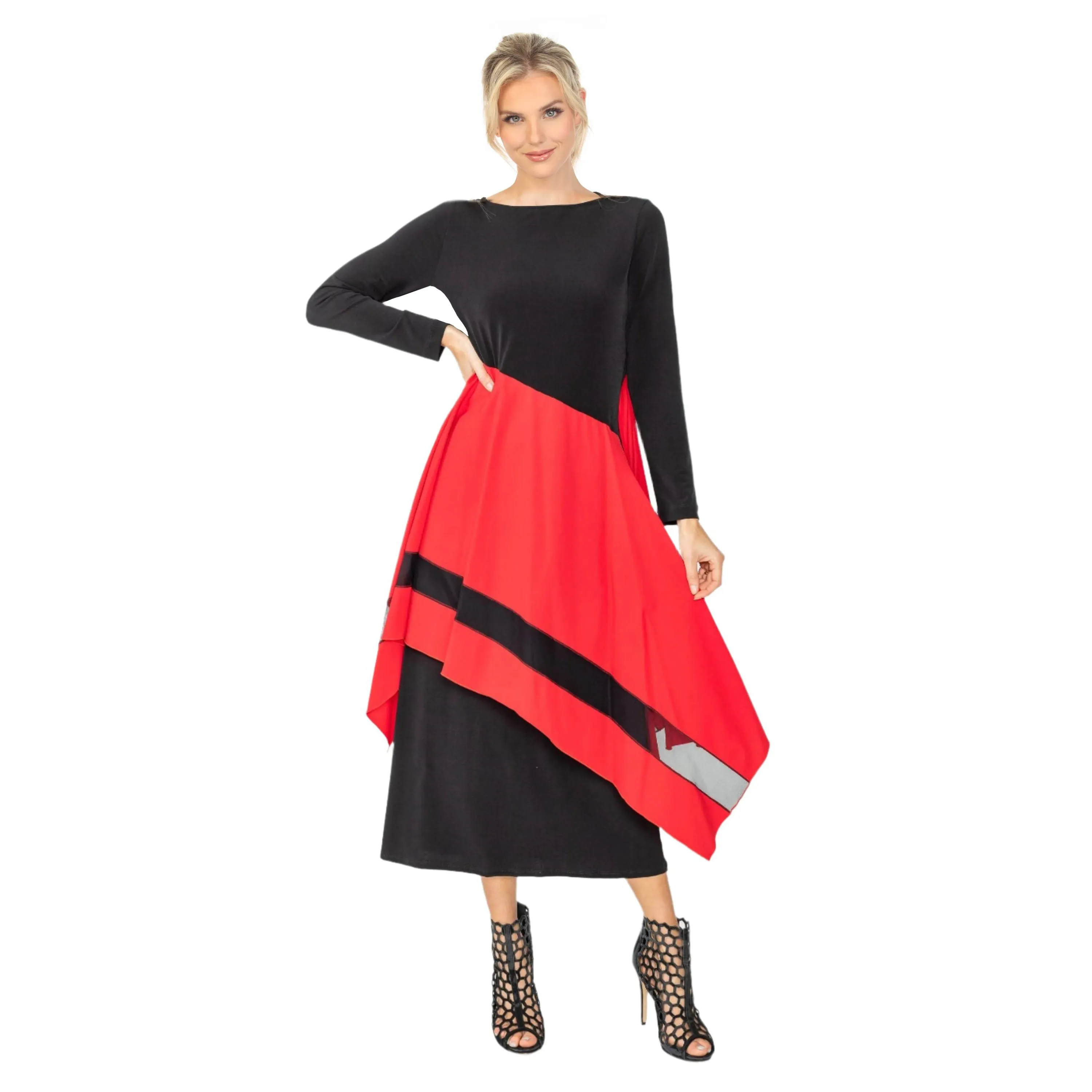 IC Collection Apron Midi Dress in Red - 5610D-RD