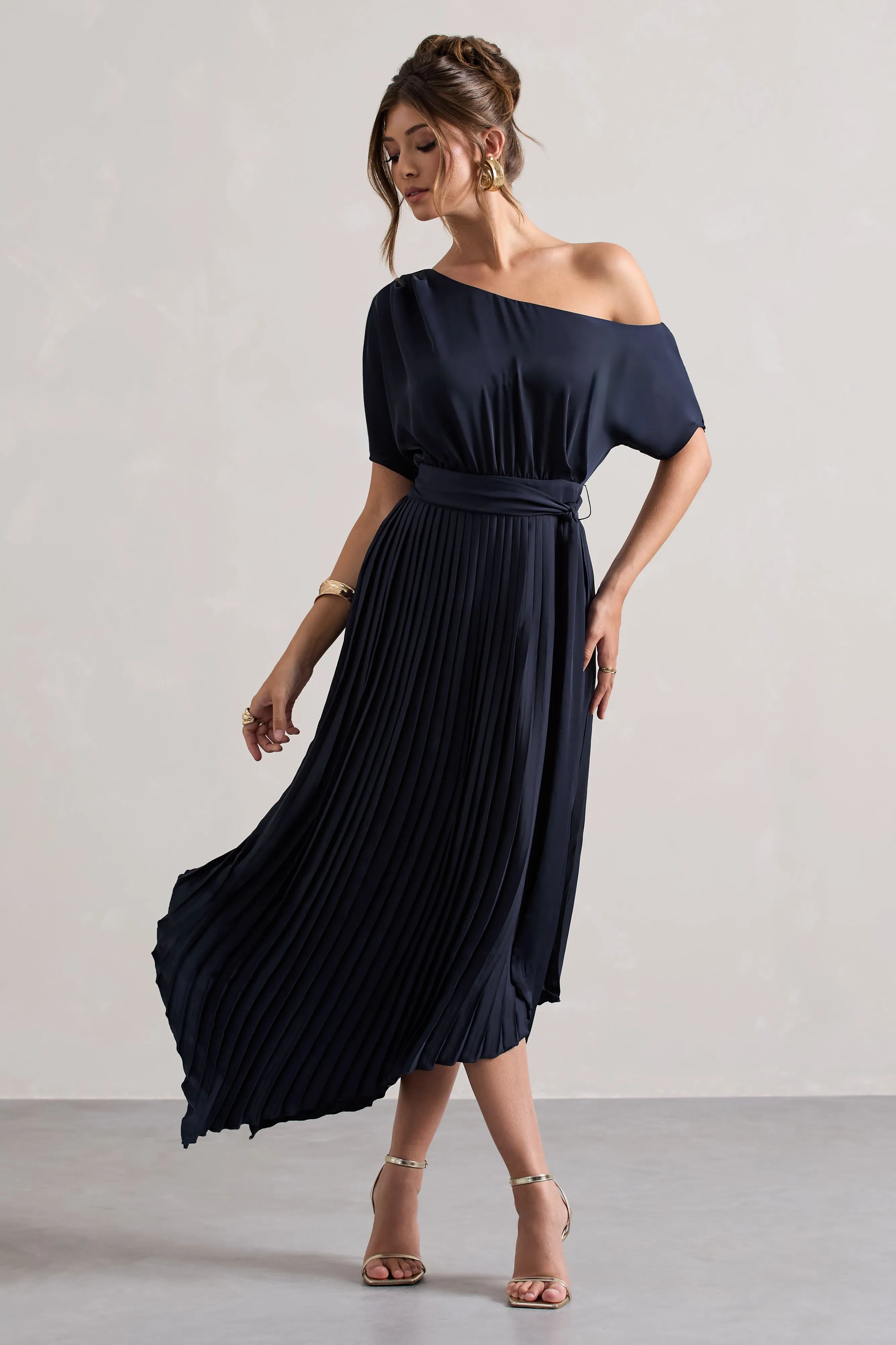 India | Navy Satin Asymmetric Plisse Maxi Dress